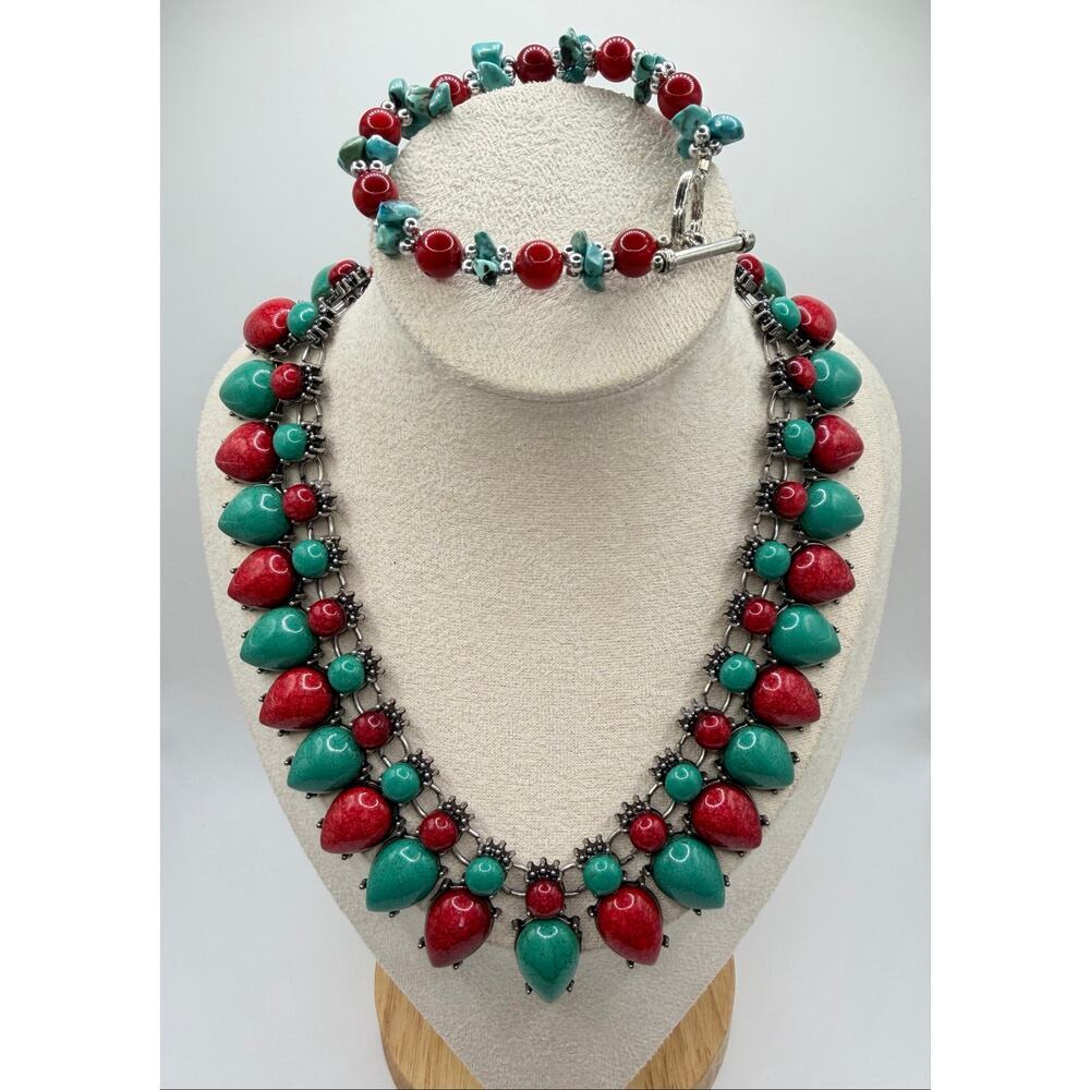 Southwest Statement Necklace Set | Turquoise Coral Style Bib Necklace + Bracelet - Picture 1 of 7